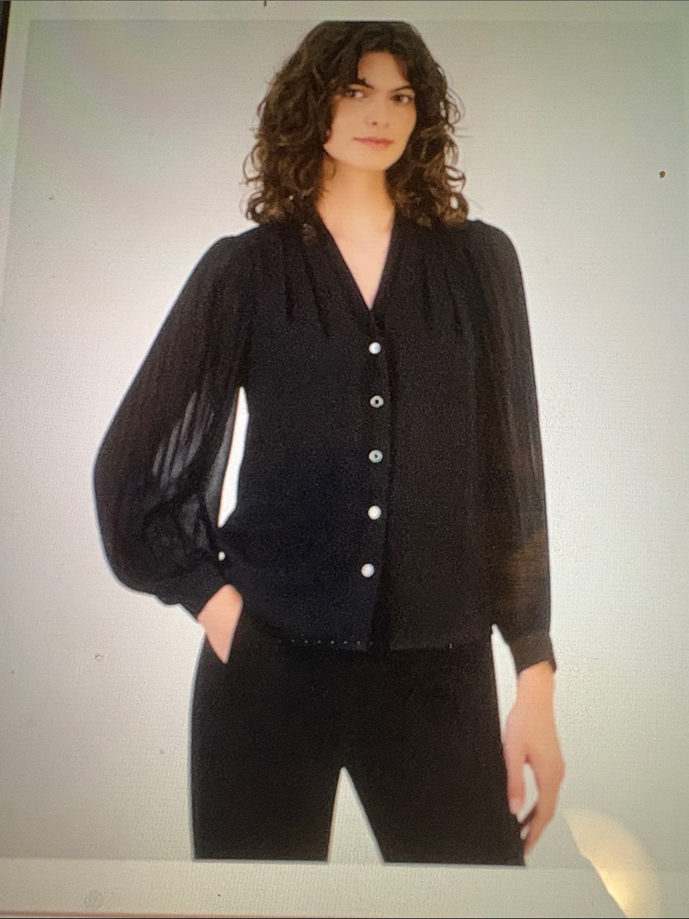 Anne Klein Black Sheer-Sleeve Button Blouse